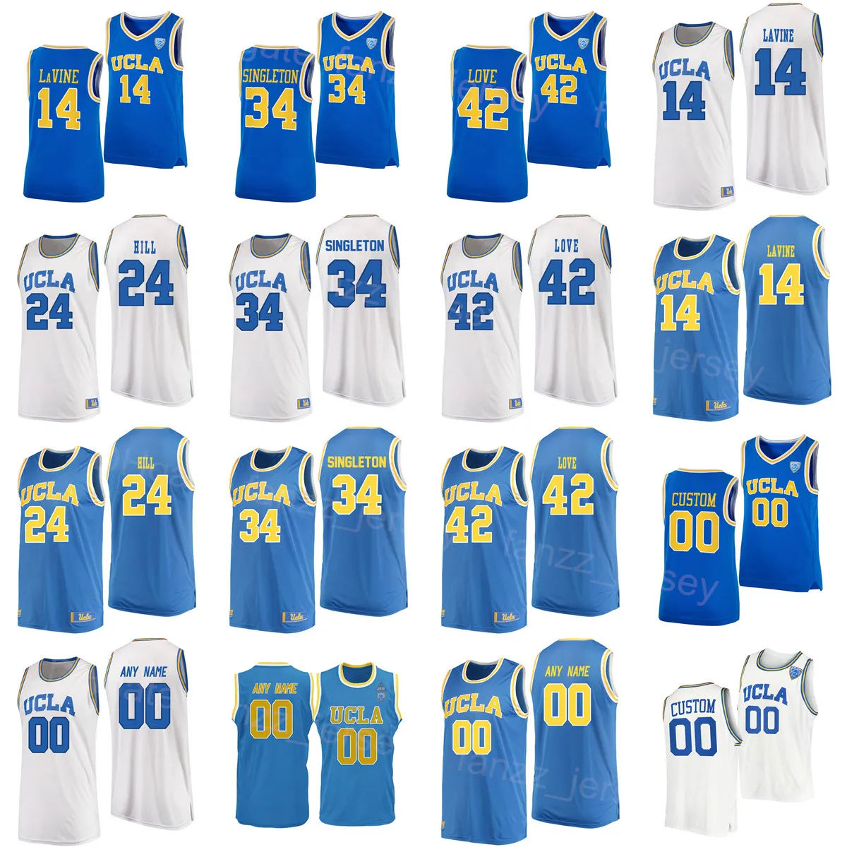 NCAA UCLA Bruins College Basket Zach Lavine Jersey 14 42 Kevin Love 5 Baron Davis 24 Jalen Hill 34 David Singleton Lonzo Ball 2 Blue White University Custom Name