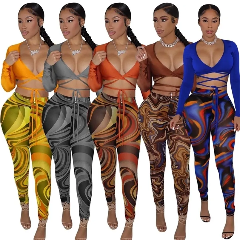Bandage Two Piece Set Sexy V Neck Lace Up Crop Top Print Sheer Mesh Pant Suits Club Party Tracksuit Women Festival Outfits Y2K 220812