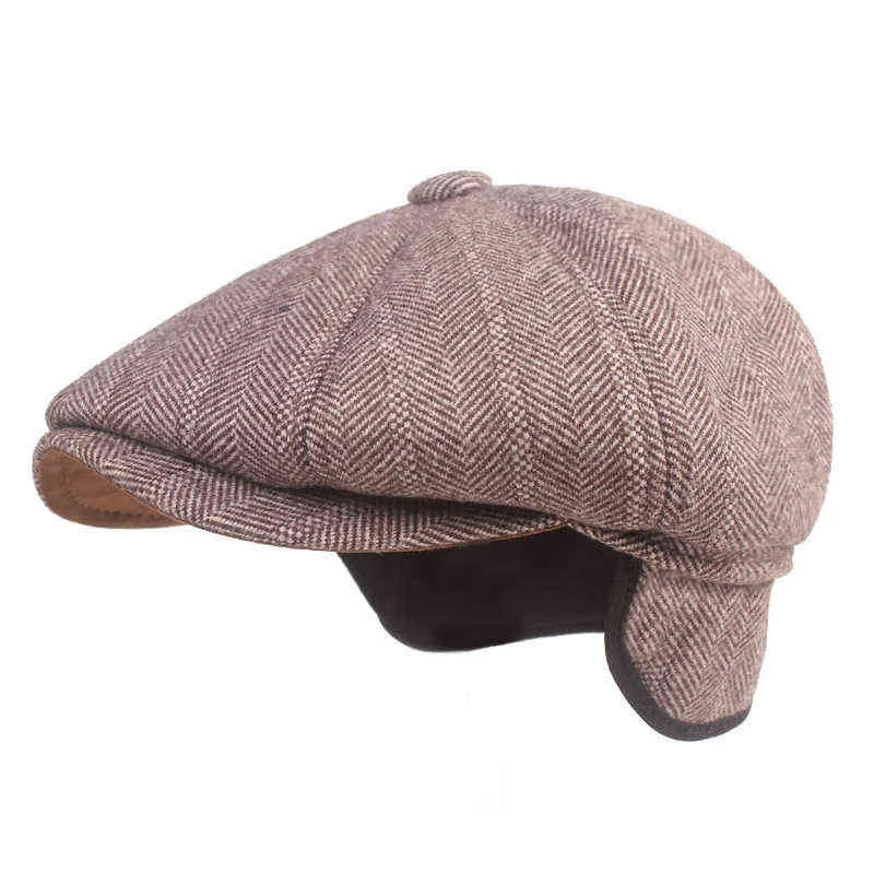 Berets Men осень зимняя шляпа теплый мужской клапан клапана винтажная плюща газетчик с плоской крышкой пожилой мужчина Шляпа с ушной шляпой Beret Cap J220722