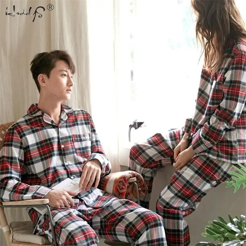 PLAID Print Par Pyjamas Set Autumn and Winte Warm Cotton Women and Men Pyjamas Långärmad sömnkläder Men Lounge Pijama T200813