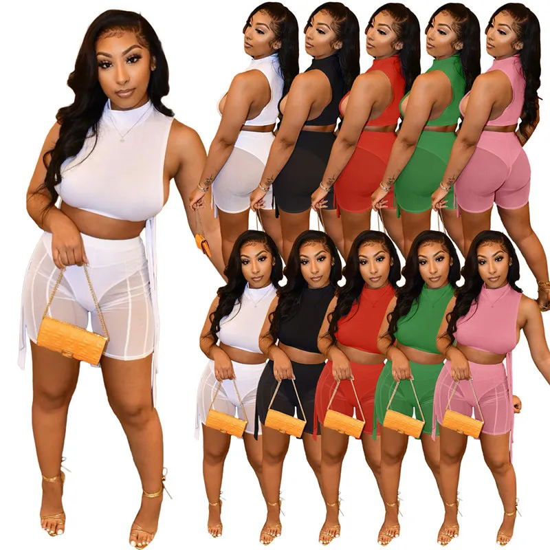 Gros Survêtements D'été Femmes Mesh Vêtements Pull Bandage T-shirt + Mesh Pantalon Court Deux Pièces Ensemble Sexy Sheer Top Shorts Correspondant 7174