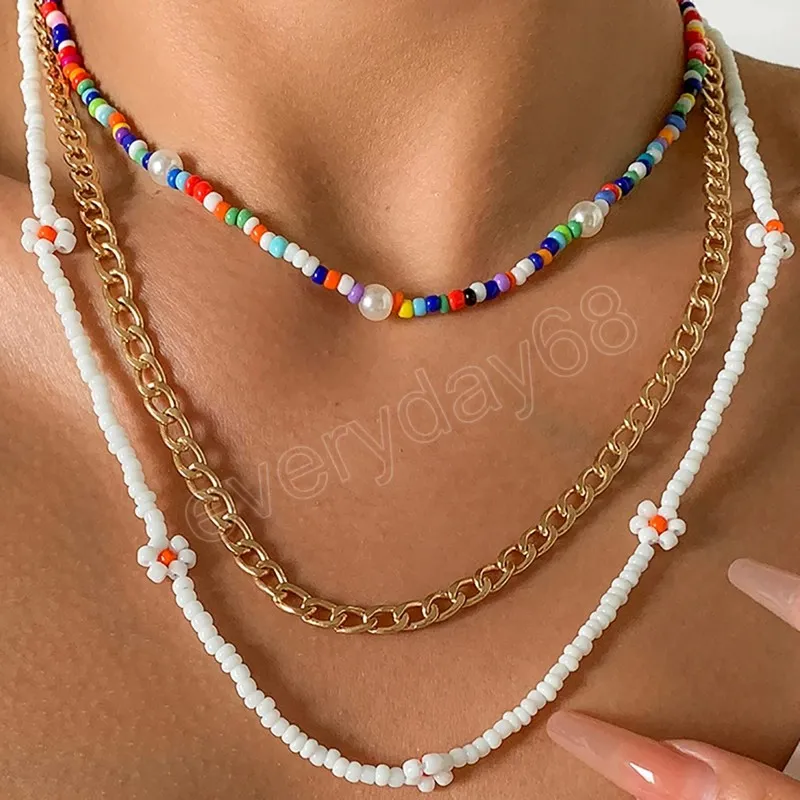 3st/set Bohemian Colorful Flower White Pärled Choker Halsband Kvinna Y2K Multilayer Metal Chain Necklace Set Statement Smycken