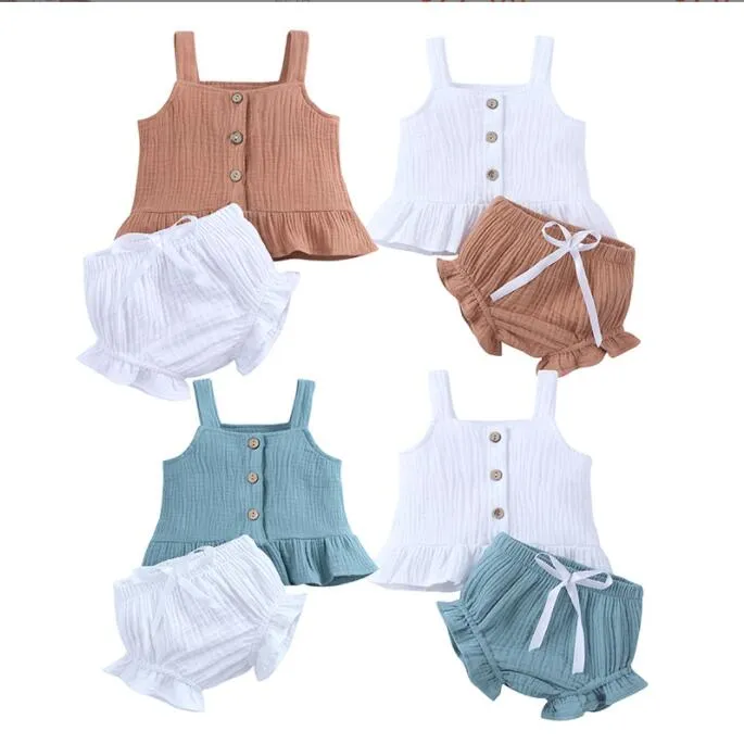 2022 verão crianças roupas de dois pedaços conjuntos ruffles suspender top + short casual conjunto conjunto tamanho 70-80-90-100 para menina