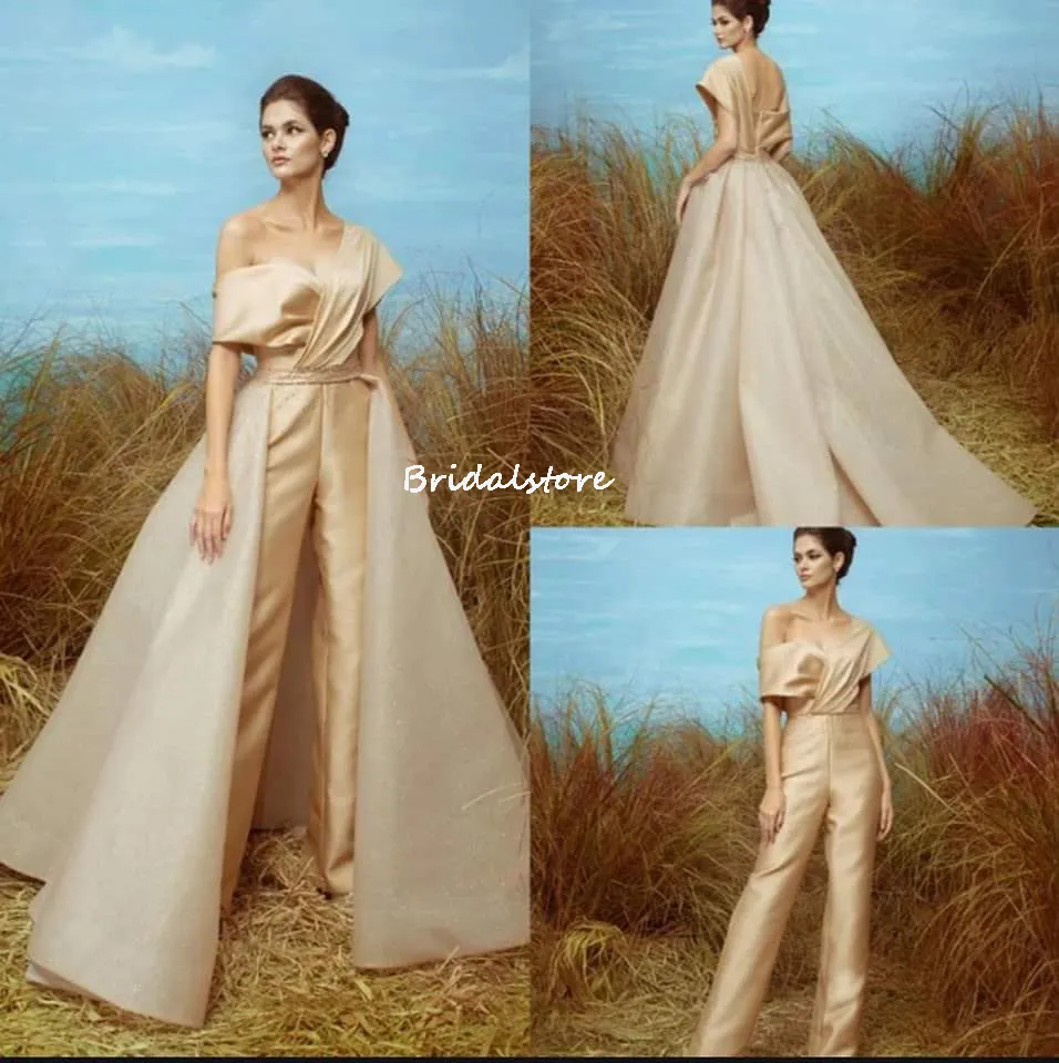 Vestido De Fiesta De Mono De Un Solo Hombro De Satén Dorado Con