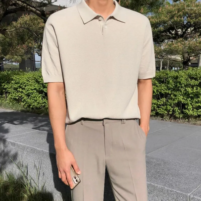 Camisetas masculinas de verão masculino colarinho de lapela de colarinho curto t camisetas coreanas tendência casual de moda casual malha de malha de malha Mild22
