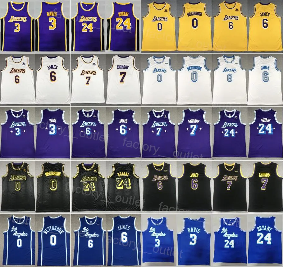 Män basket russell westbrook jersey 0 lebron james 6 davis 3 carmelo 7 lag färg svart gul lila blå vit all sömnad ren bomull för sportfans topp/hög