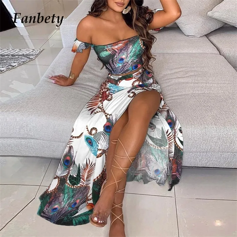 Sommer Casaul Rock Outfits Frauen Elegante Sexy Off Schulter Tops Und Split Lange Kleid Anzüge Mode Blumen Druck Zwei Stück Sets 220704