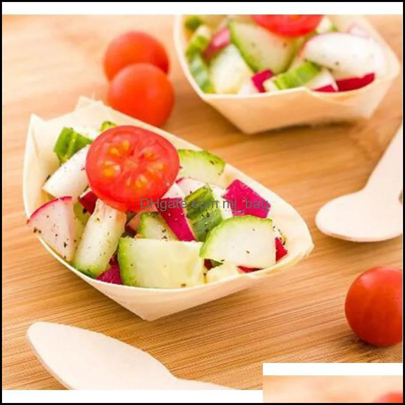 50Pcs Disposable Boat Shape Wooden Tray Natural Birch Wooden Serving Plates Dishes For Foods Snacks Nibbles Pzlr0