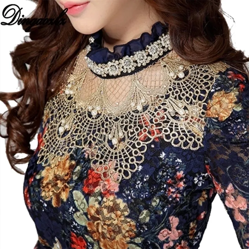 Dingaozlz Women's Lace shirt female Lace Blouses longsleeve Hollow Floral Lace Tops Slim Elegant Beaded Gauze Chiffon shirts T200322