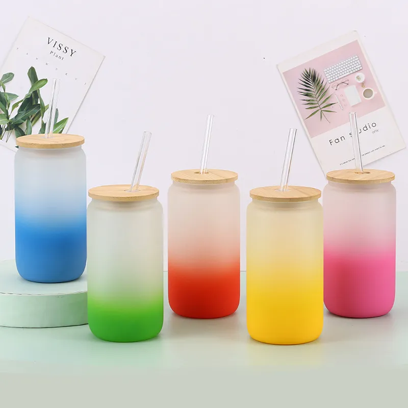 Sublimatie Glas Mason Jar Cups met deksels en rietjes Verhit overdracht Frosted gradient cola fles bier Mok Drinkbeker Melk mok voor cadeau