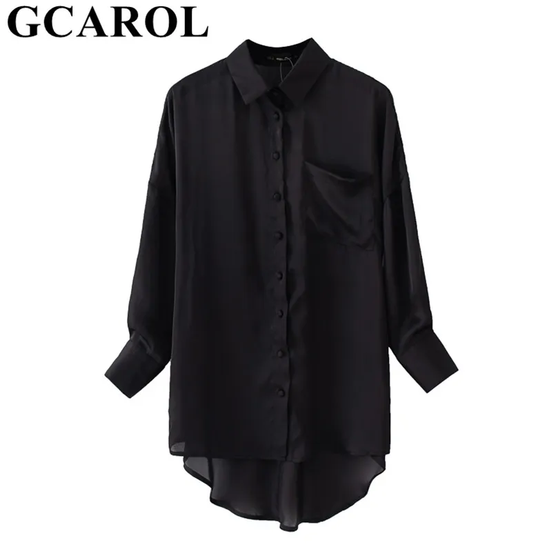 GCAROL Camicetta lunga asimmetrica nera da donna 30% cotone Casual High Street Oversize Girlsbottoming Shirt Chic Tops 210326