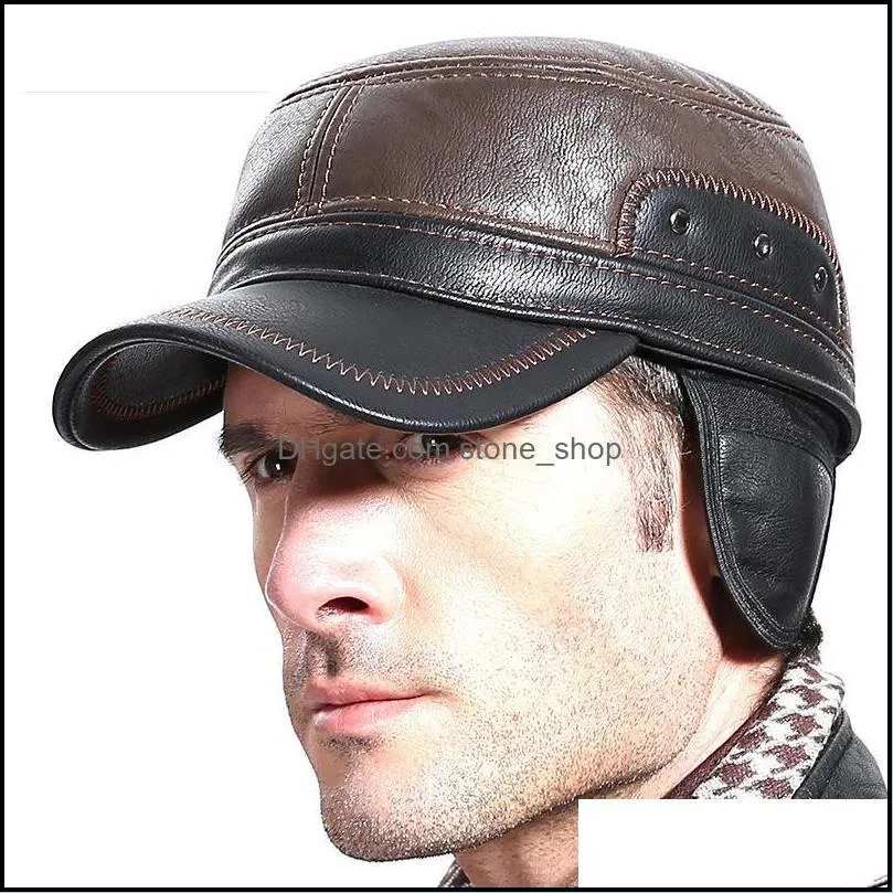berets fashion pu peaked cap outdoor middle-aged and elderly men`s imitation leather hat winter coldproof warm hatberets