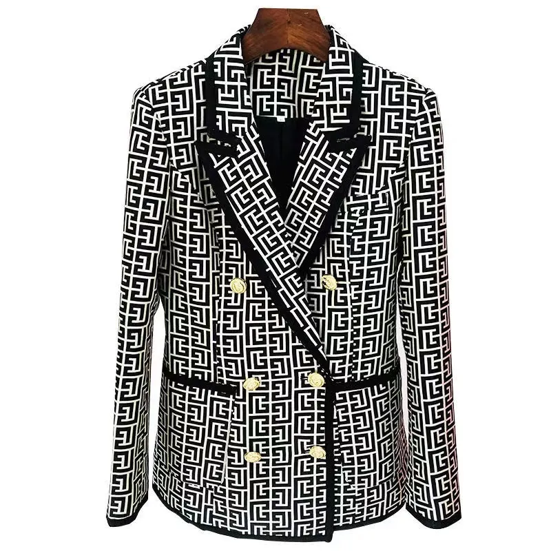 T050 Tide Brand High-Quality Retro Fashion designer Presbyopic Maze Series Suit Jacket  Double-Breasted Slim Plus Size Women`s Clothing