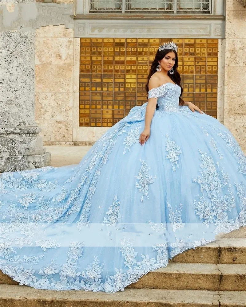 Bola céu azul vestido quinceanera vestidos fora do ombro frisado apliques vestido doce vestidos de anos