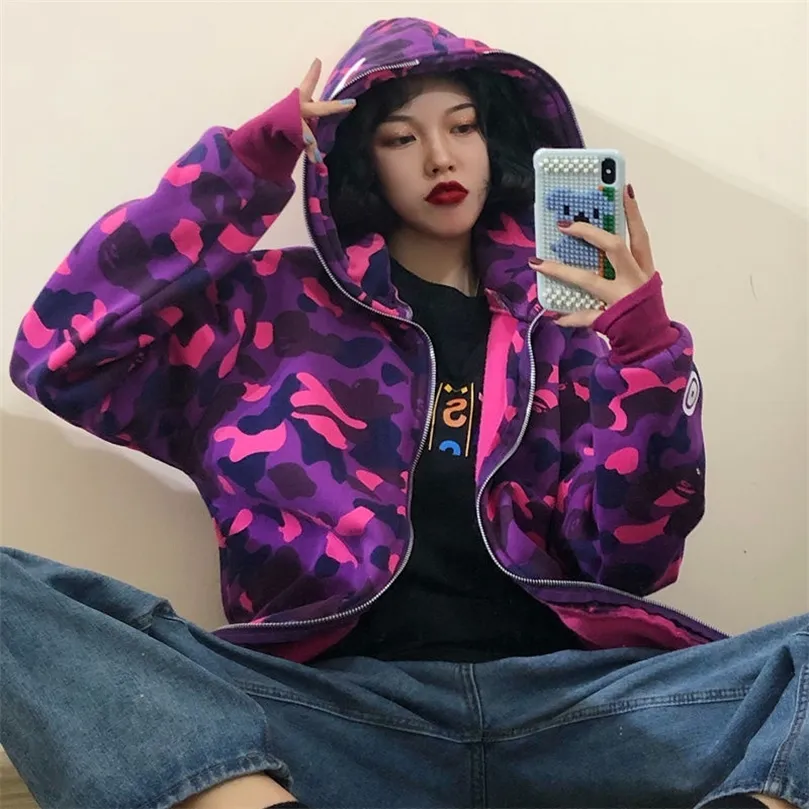 Sweat-shirt d'impression Femmes Zip Up Sweats à capuche Femmes Harajuku Japonais Streetwear Hip Hop Y2k Couple Tops Kawaii Vêtements d'hiver Femmes 220722