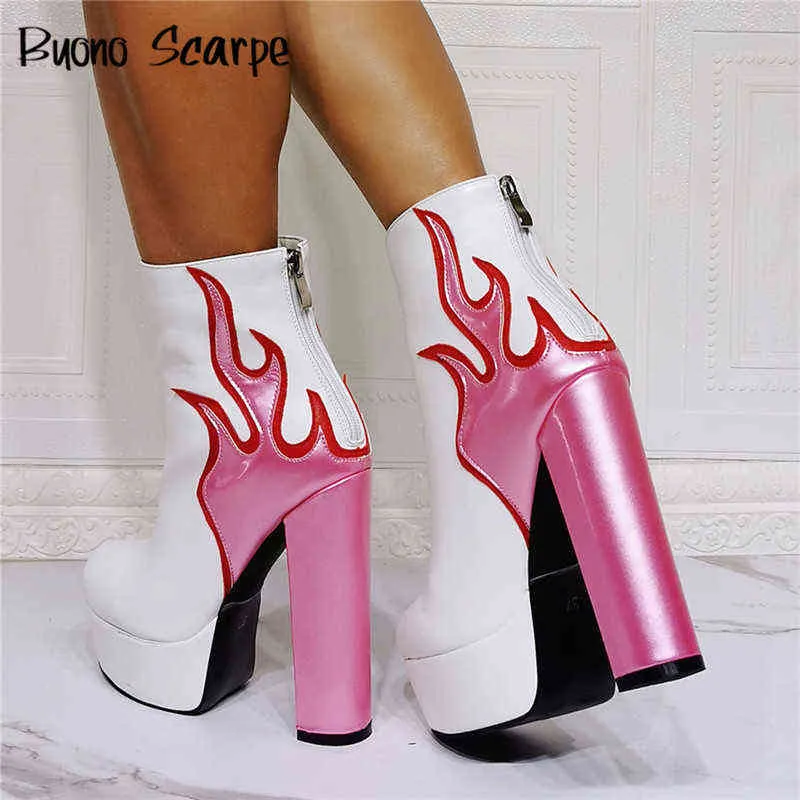 Flame Ankle Boots - Platform Block Heels, Sexy Fire Booties