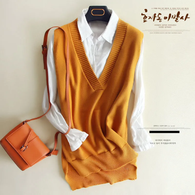 Zocept Spring Womens Sticked Wool Big V Neck Vest Long Tail Match Female Sweater Ytterkläder ärmlösa Pullovers 201031