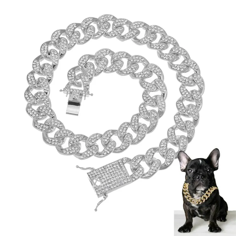Dog Chain Collar Leash Set CZ Rhinestone Pendant Super Strong Metal Silver Gold Rope Chain Pet Lead Rope for Party Shows