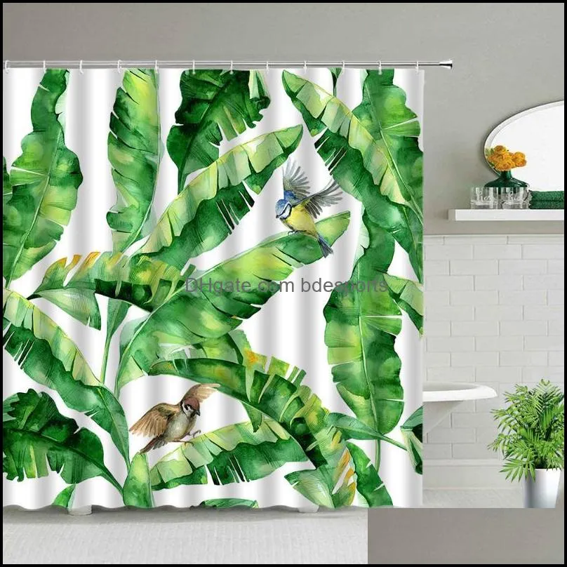 Green Tropical Plant Shower Curtains Spring Leaves Bathroom Decor Waterproof Bath Curtain 3d Printing Polyester Cloth With Hooks