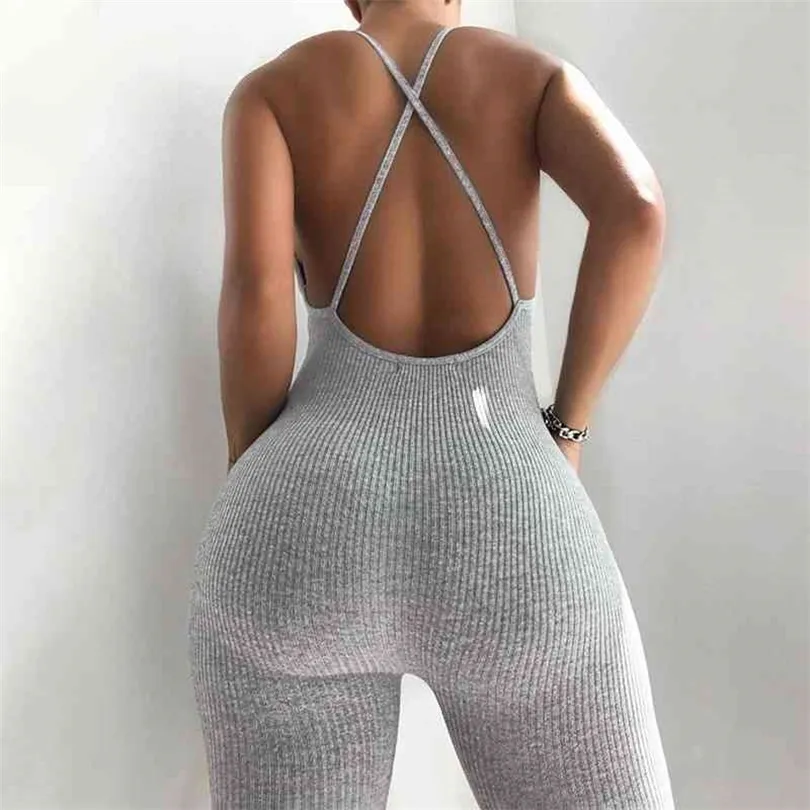 Mulheres de verão Sexy esporte malha de malhas de bote de roupas magras de bodycon backless macacos sólidos macacos de macacão para mulheres 210326