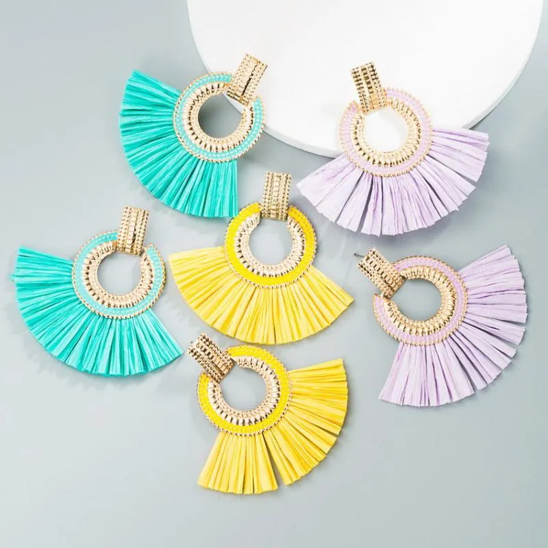 Dangle & Chandelier Enamel Round Circle Fan Fringe Yellow Tassel Raffia Earrings For Women 2022 Summer Arrival Brand Designer Jewelry Wholes