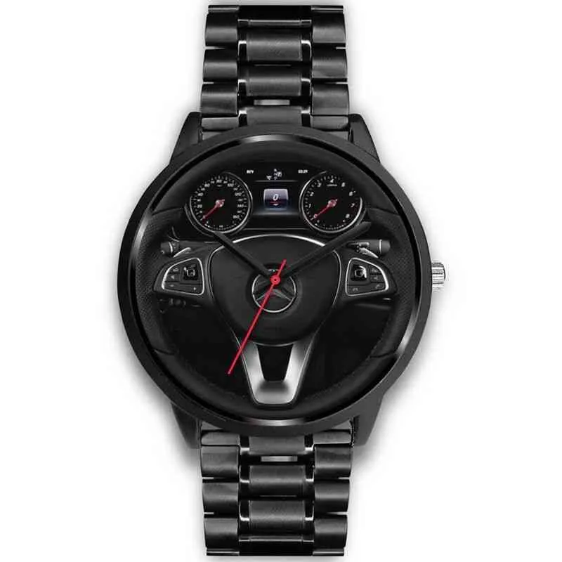 2022 Nya lyxiga män Metal Anpassad bil ratt hastighet med hastighetsmätare Stainls Steel Band Car Wheel Quartz Watch