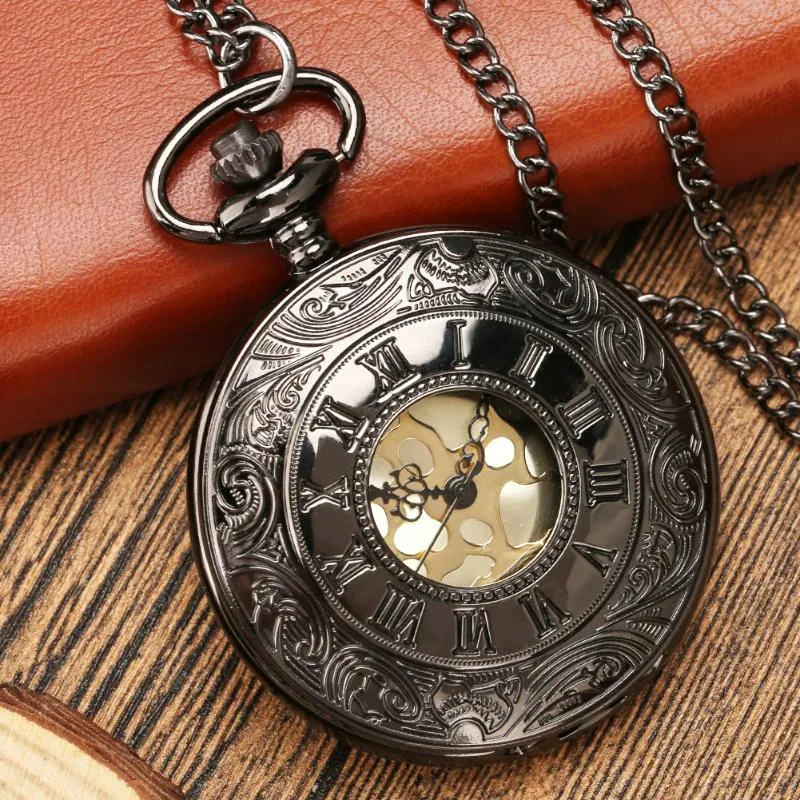 Montres de poche Antique noir/Bronze collier creux montre Quartz chiffres romains affichage pendentif chaîne horloge cadeaux pour hommes femmes montre de poche