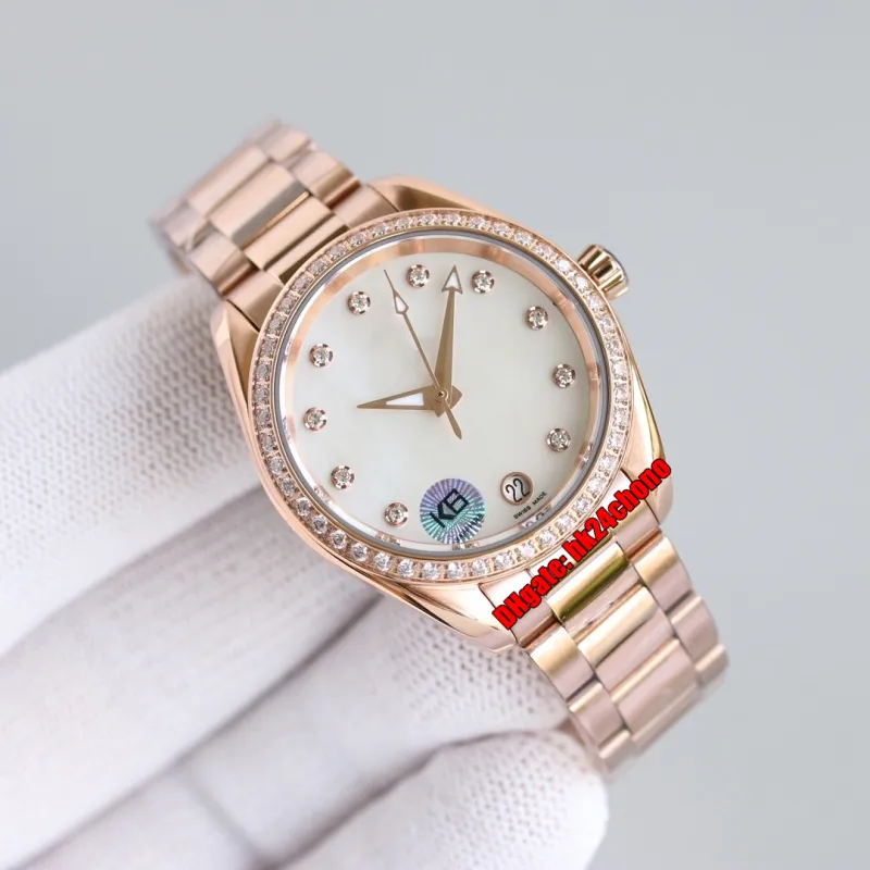 RWF Фабрика высококачественных часов 34 мм Cal.8800 Автоматические женские часы 220.55.34.20.55.001 Бриллиант Безель Мать Жемчужное циферблат браслет из розового золота.