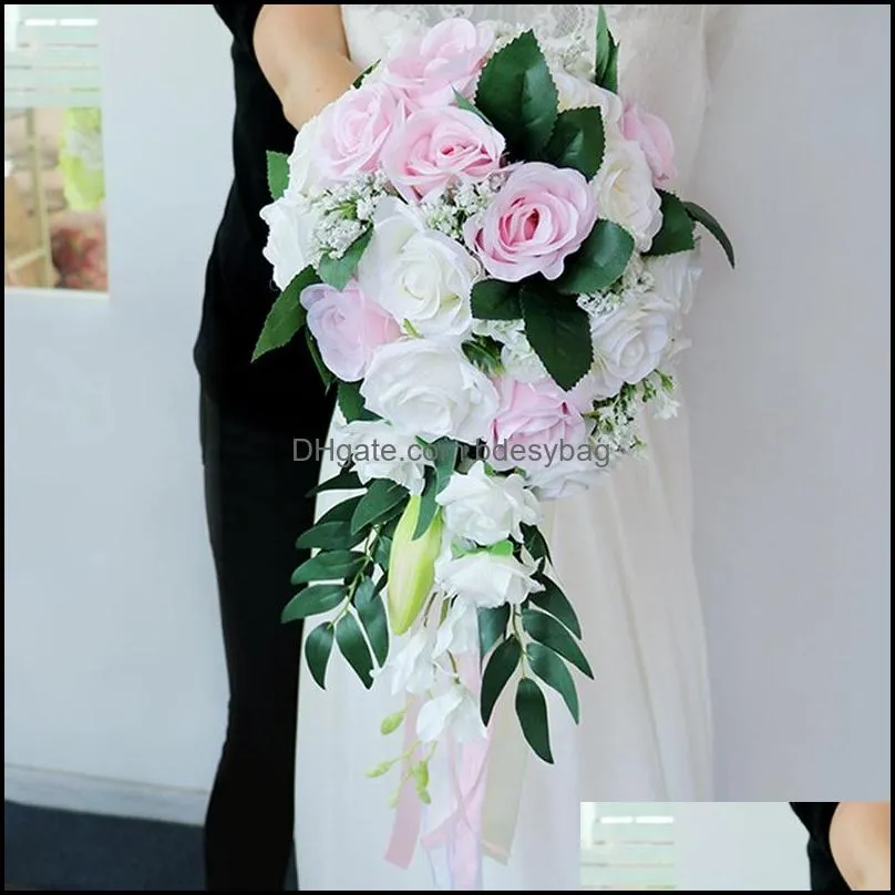 waterfall silk rose wedding bouquet for bridesmaids bridal bouquets white artificial flowers mariage supplies home decoration