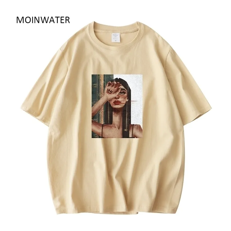 Moinwater Abstract Print T-shirts voor Dames Khaki Groene Katoenen Korte Mouw Zomer Tops Lady Oversized Tees MT21039 220408