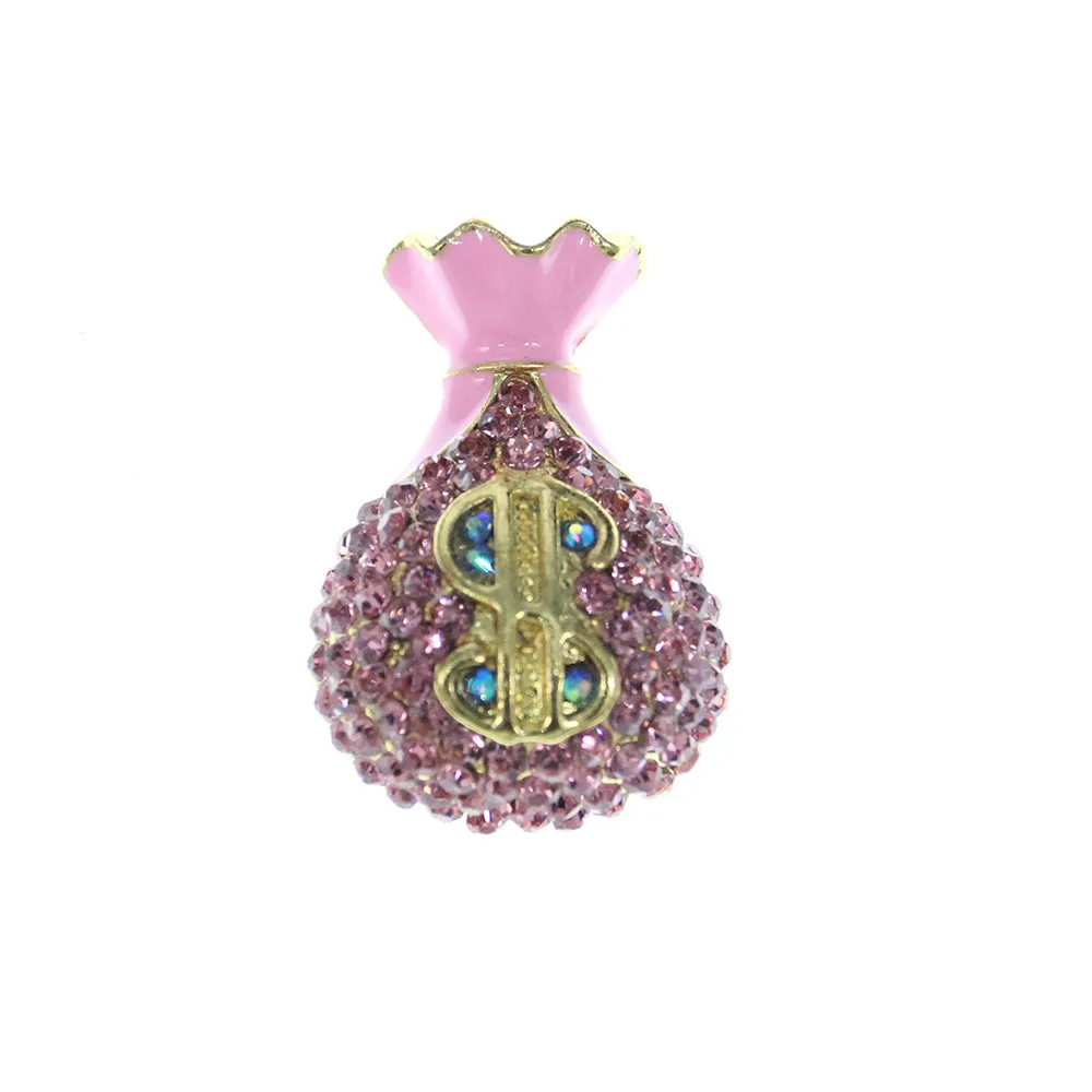 Gold Tone Pink Enamel Money Purse Wallet Brooches Crystal Rhinestone Vase Shape Pin Brooch For Women