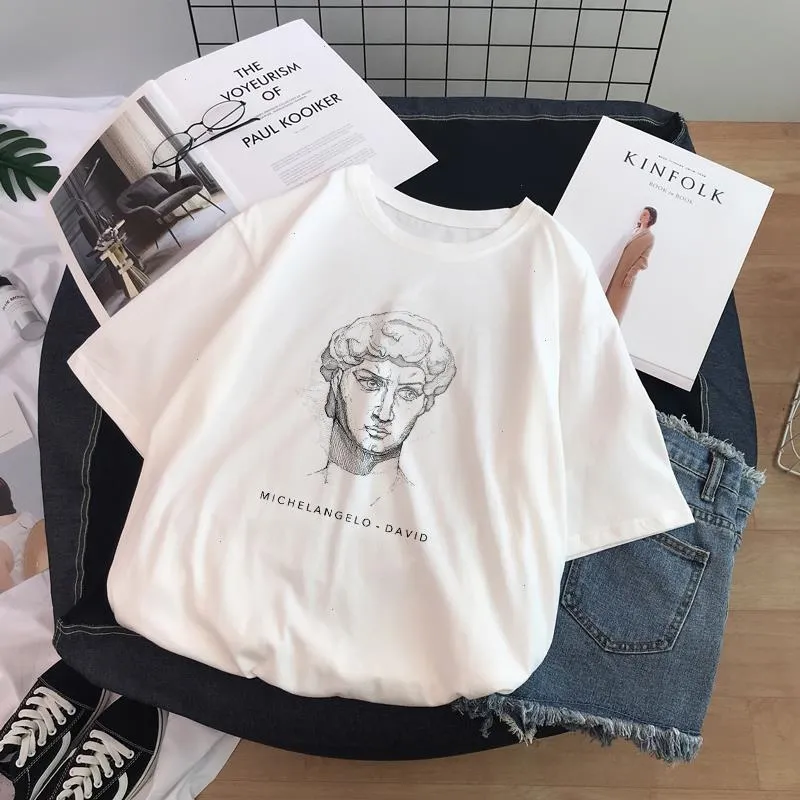 Ulzzang Harajuku śmieszna koszulka czarno-biała rysunek David wydrukowana koszulka z krótkim rękawem O Neck Casual Women Tee