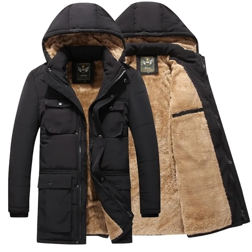 冬の温かいメンジャケットコートカジュアル秋のフリース長い濃厚なジャケットアウトウェアフード付きマルチポケット男性服
