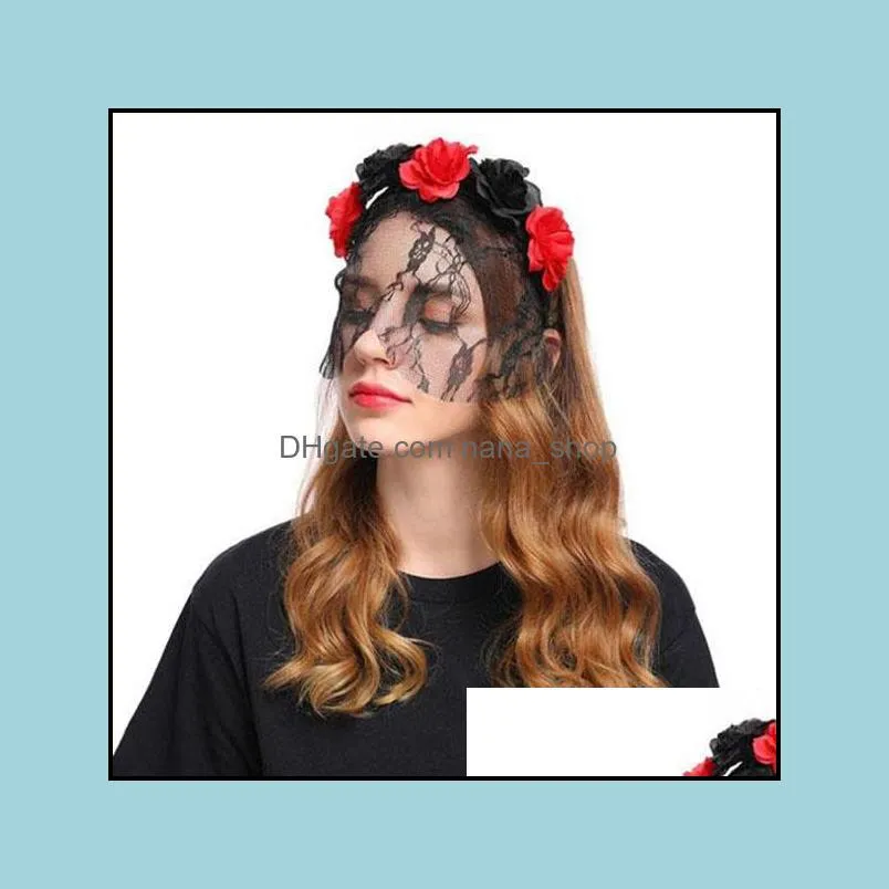 Women Girls Artificial Rose Flower Half Lace Veil Mask Headband Vintage Halloween Xmas Sexy Hair Hoop Masquerade Party Costume