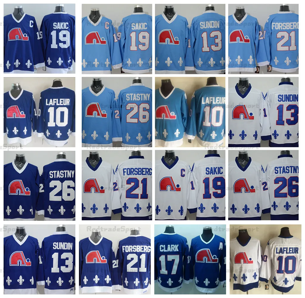 Mens Quebec Nordiques Vintage 19 Joe Sakic Hockey Maglie Baby Blue 26 Stastny 13 Mats Sundin 21 Peter Forsberg 10 Guy Lafleur Jersey # 17 Wendel Clark Camicie