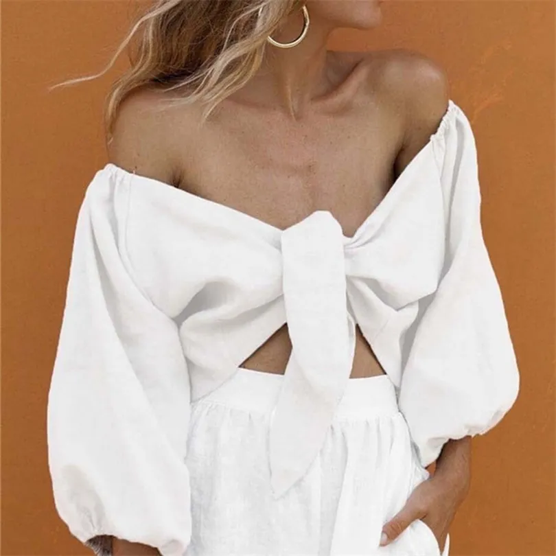 Shemujersky Sexy Summer Blouse -vrouwen Off Shoulder Tops lange mouw witte shirt korte blouses 2019 Moda Mujer T200321