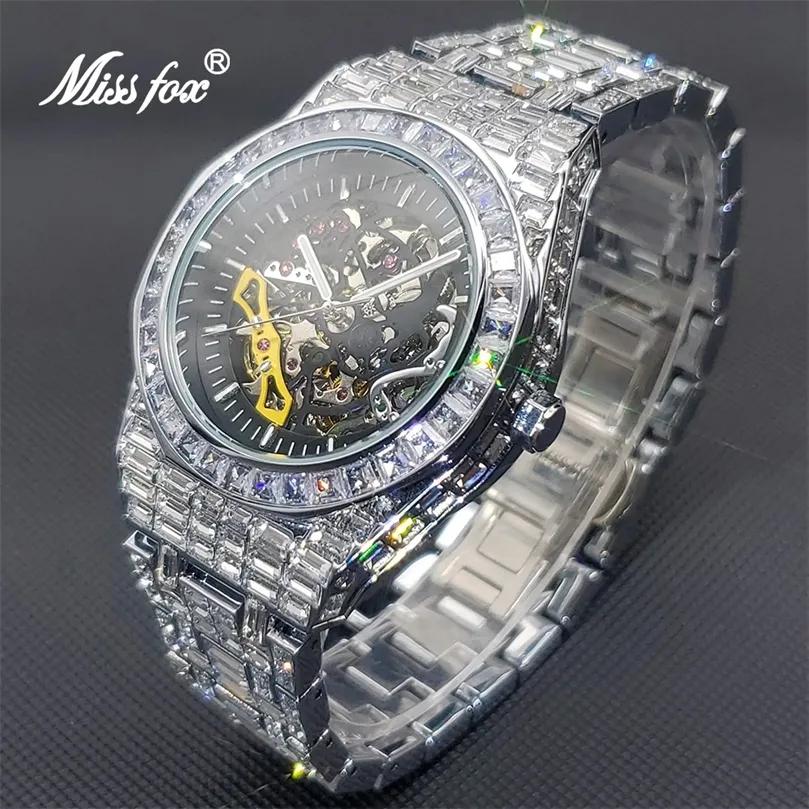 MISS Hip Hop Ice Out Mécanique Hommes Montre De Luxe Plein Diamant Squelette Horloge Étanche Automatique Montres 220622