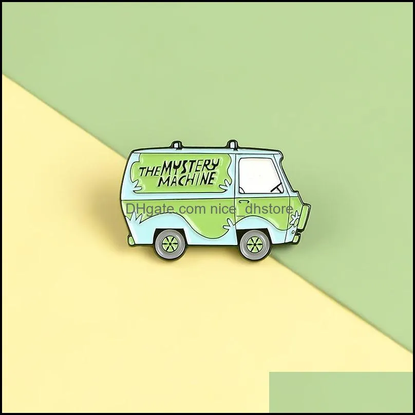 magical green car enamel pins the mystery machine badges solve trouble brooches for women backpack bag lapel pin cartoon cute jewelry