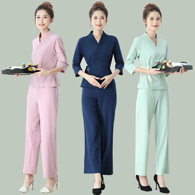 Summer Women's Two-Piece Pants Classical Costum Top and Pant Beautician Technician Work Clothes Set Casual Suits Asian Elegant Uniform