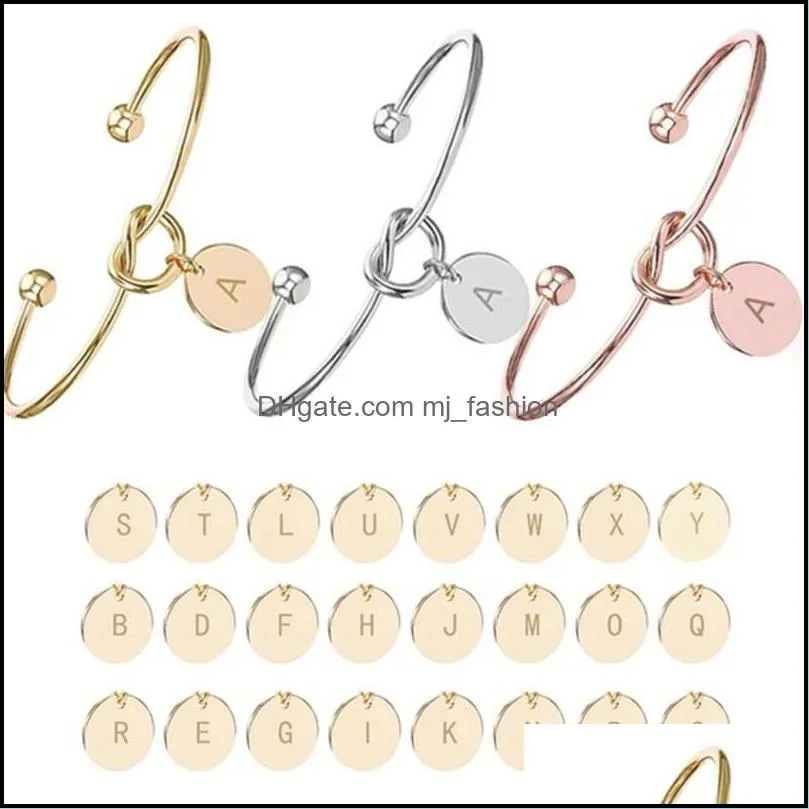 Berlockarmband Smycken 26 bokstäver Öppna Justerbar Wire Cuff Armband Alfabet Hjärtknut Armband För Kvinnor Q348Fz Dtd