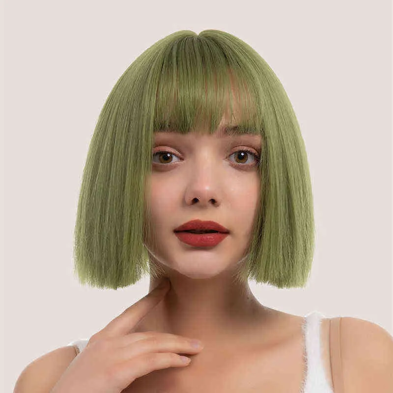 Nxy Wigs 2021 New Fashion Qi Bangs Bobo Animation Short Hair Green Air Sea Set Simulation 220527