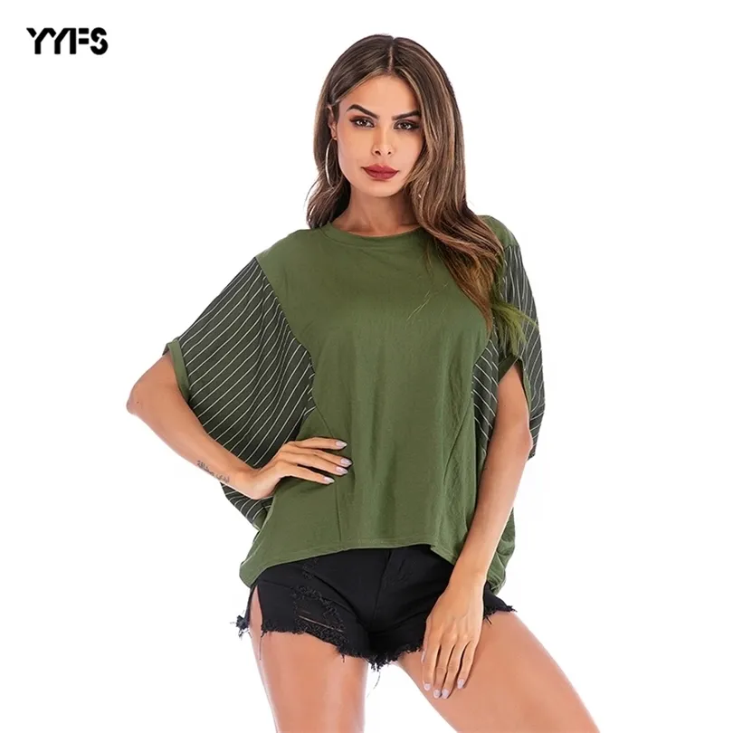 YYFS Europe et Amérique Femmes Summer Bat Sleeve Colorblock Stripe T-shirt Col rond Femme Loose Top T200616