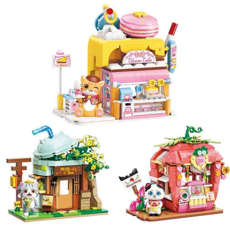 Qman Cat Lovely Street View Children's Building Block Diy Cheese Milk Tea House Education Toys Girls Födelsedagspresenter G220524