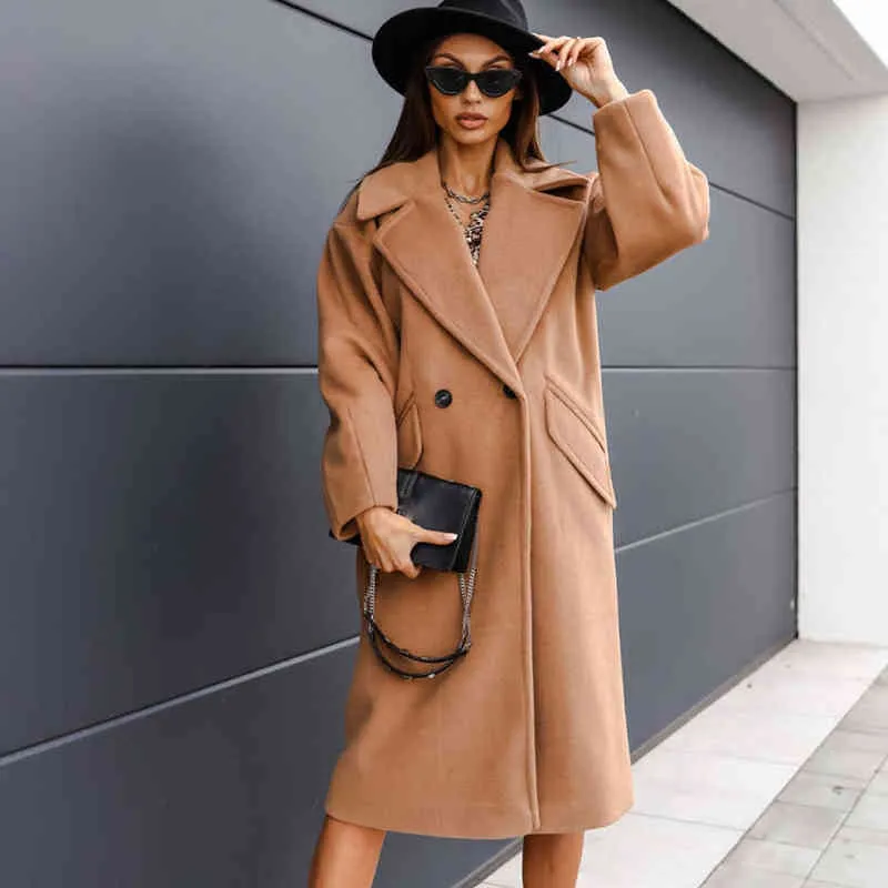 Women Clothing Autumn Winter Solid Long Wool Coats 2022 New Fashion Turn-down Collar Pocket Buttos Casual Woolen Cloth Overcoat T220714