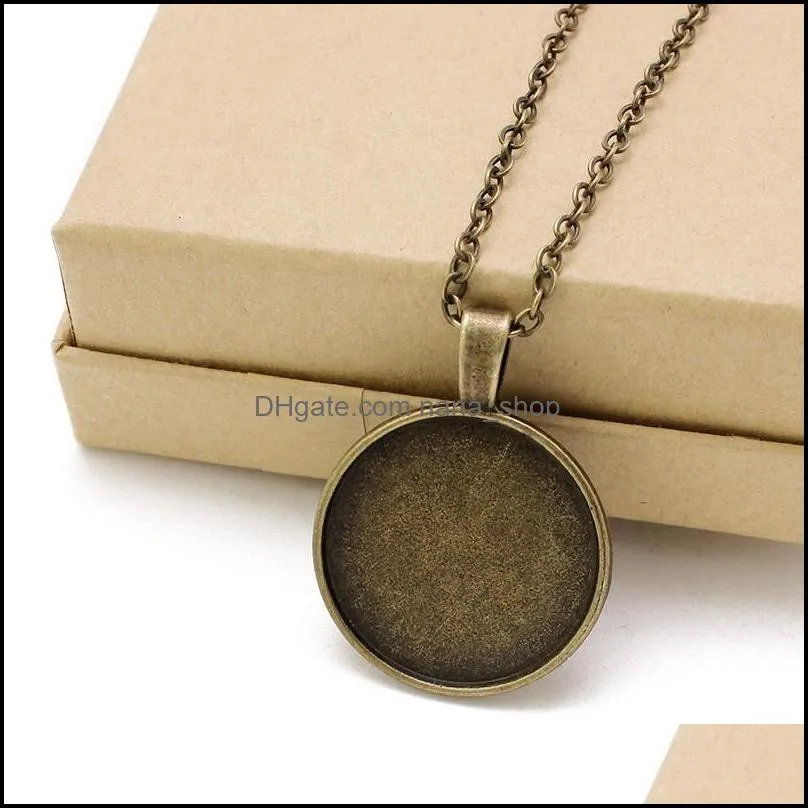 Wholesale Bronze 55cm+5cm Link Chain Necklace Alloy Base Tray Bezel Blank Pendant Necklaces For Handmade 25mm Cabochons Jewelry