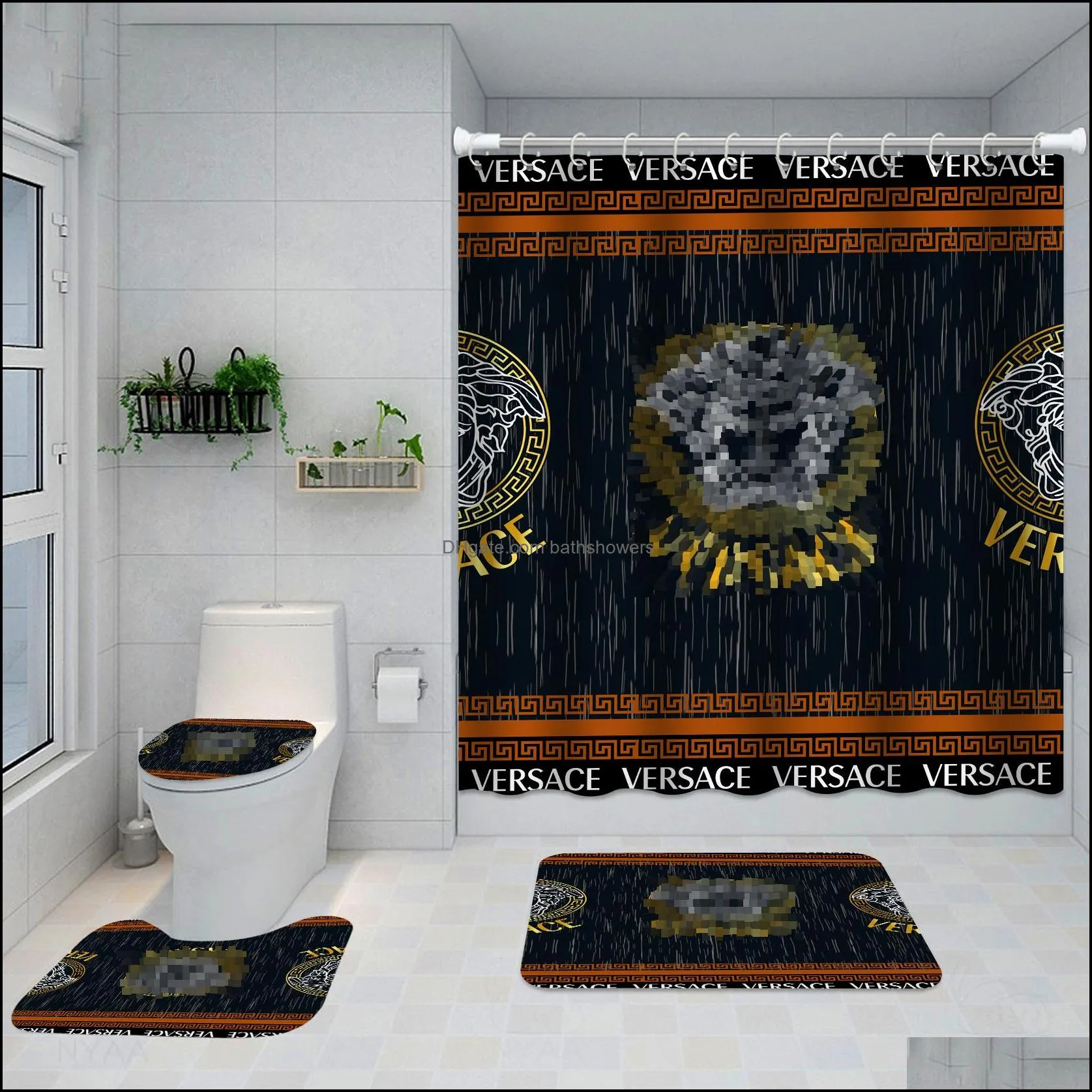 chic floral printed shower curtains full letters designer bathroom mats 4 piece set non slip toilet bath rugs