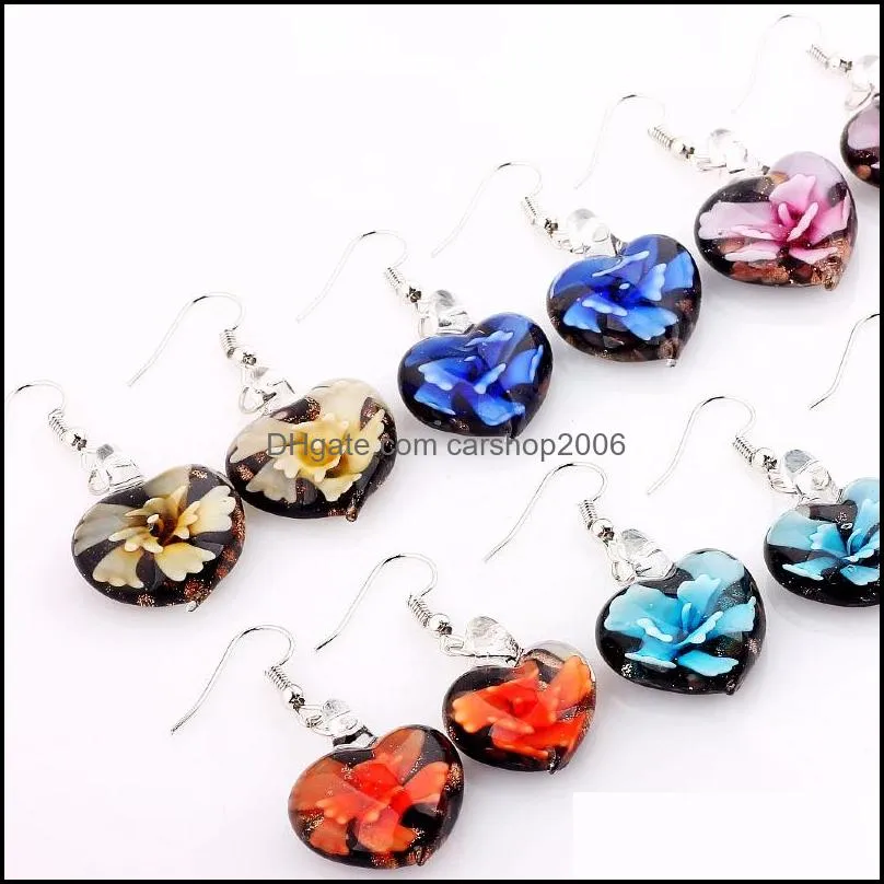 6paris fashion charming heart lampwork glass pendants earrings flower silver hook earring jewelry wholesale