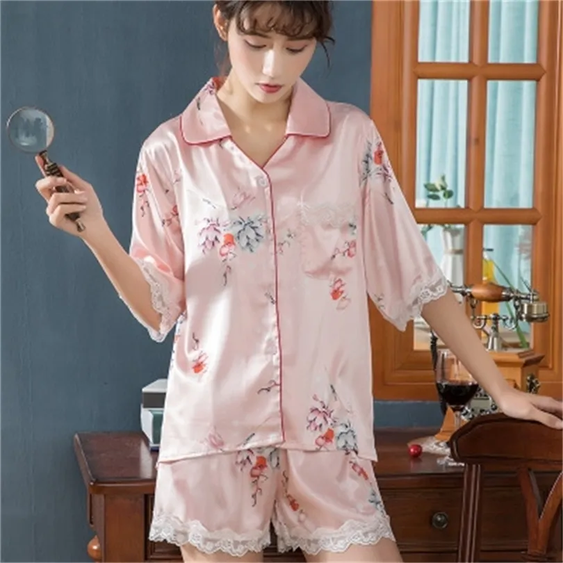 2 штуки пижамы Женские шелковые стежки кружевные пижамы, набор шелковых ощущений с короткими рукавами пижамы для женщин Pijama fominino pajama t200429