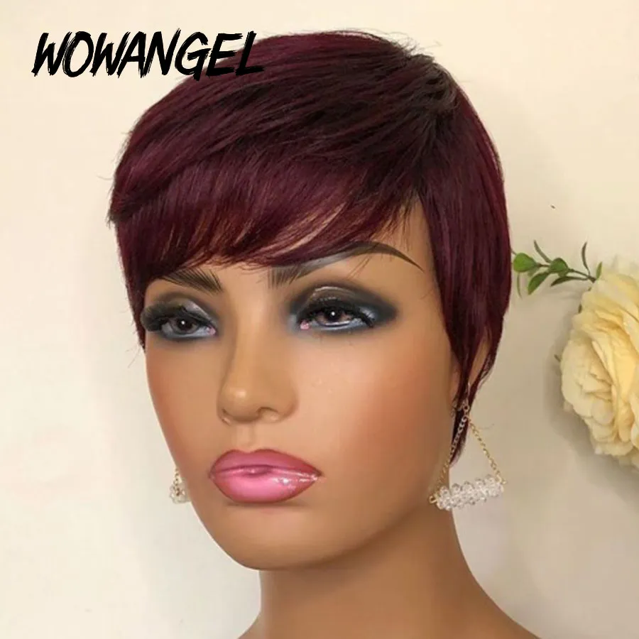 Rouge Bourgogne 99J Ombre Couleur Court Bob Pixie Coupe Brésilienne Perruques de Cheveux Humains Avec Une Frange Pour Les Femmes Noires