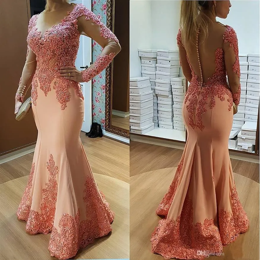 Peach Pink 2019 Mermaid Mother of the Bride Dresses Long Sleeve Lace Hoveal Silesal Party Ority for Wedding Guest Dress257G